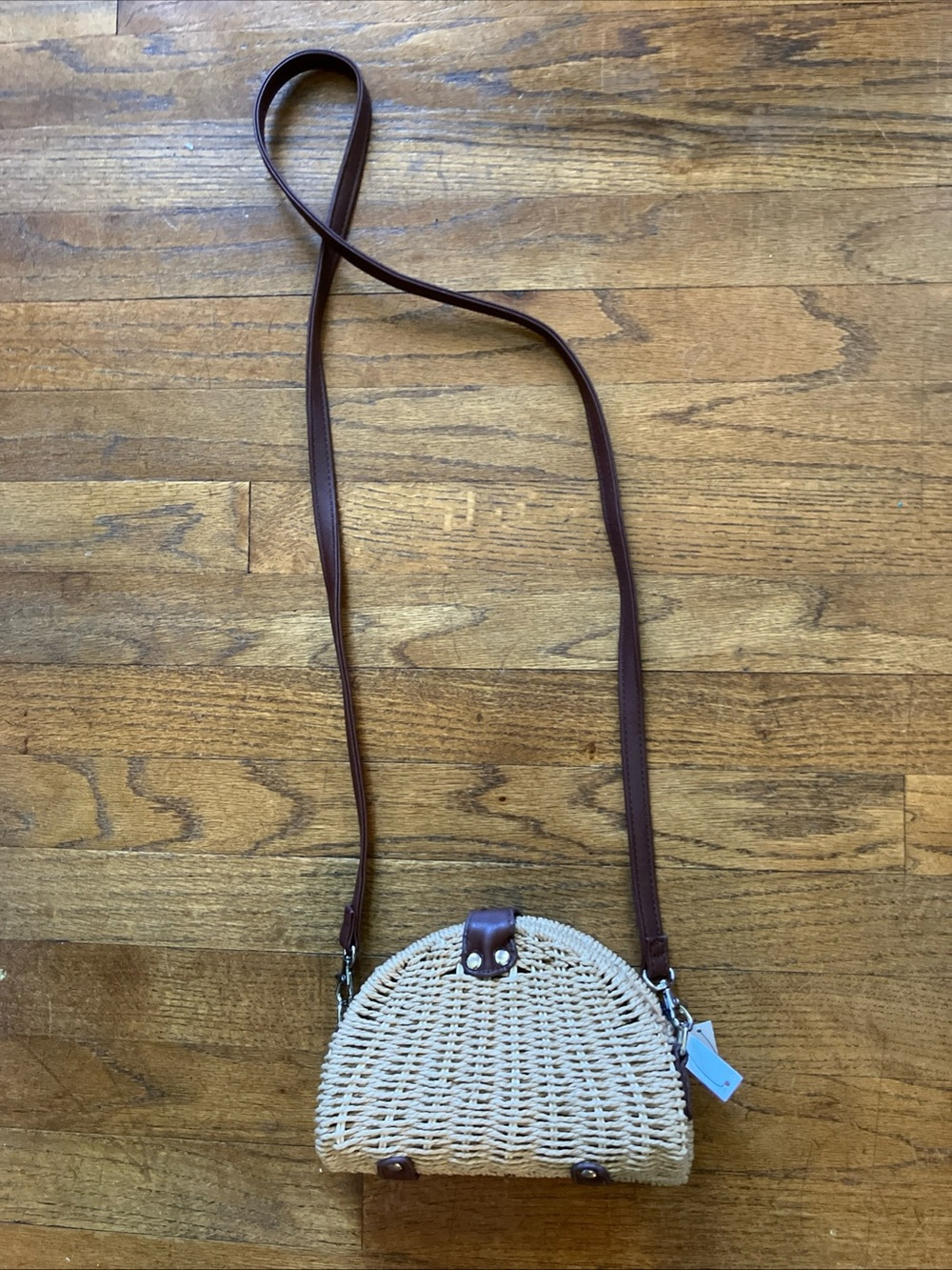 White House Black Market Cream Woven Half-Moon Crossbody with Brown Strap